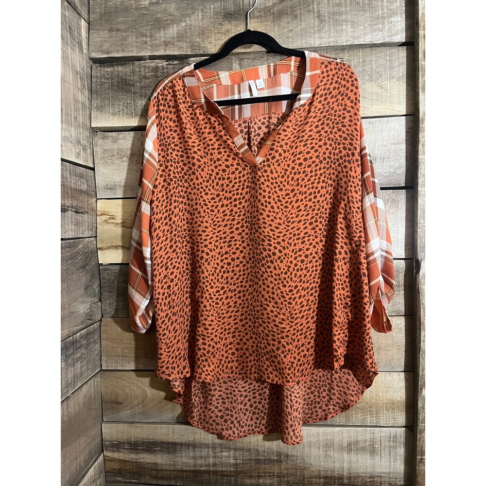 Cato Womens XL Leopard Plaid Mixed Media Tunic Top‎ Orange Brown Roll Tab V-Neck - Picture 2 of 5